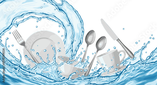 A dramatic swirl of realistic blue water droplets encircles a white ceramic plate and coffee cup along with several pieces of polished silver tableware.
