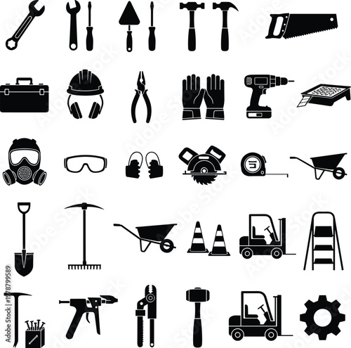 WebLarge Set of Construction Work Tools and Industrial Safety Equipment Icons Including Hammer Wrench Drill Forklift Helmet Gloves Saw and Pliers for Professional Design
