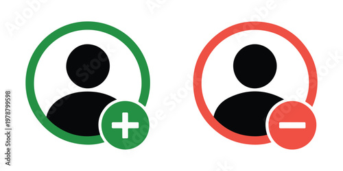 User profile icon set with add and remove symbols for account management and social media applications and digital interfaces.