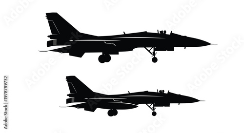 A striking silhouette of a military fighter jet depicted from two different angled perspectives