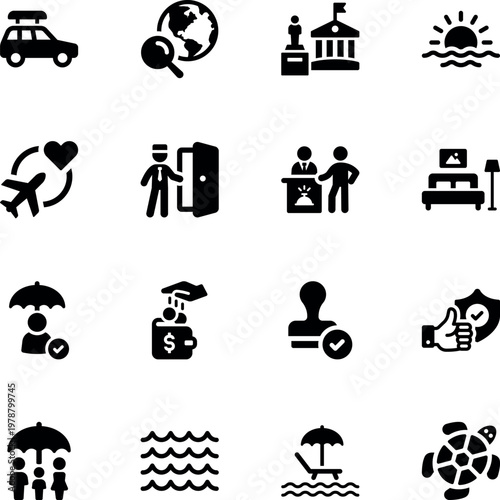 Travel tourism vacation holiday vector icon set, car, airplane, hotel, beach, insurance, wallet, museum
