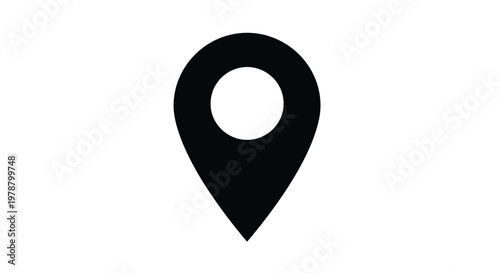 A minimalist black location pin icon is centered on a plain white background signifying place