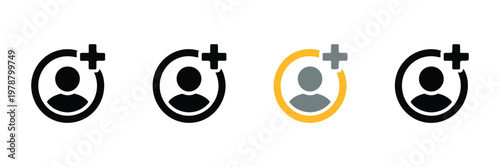Set of user profile icons featuring plus symbols and different border colors for adding new users and account management in online systems.