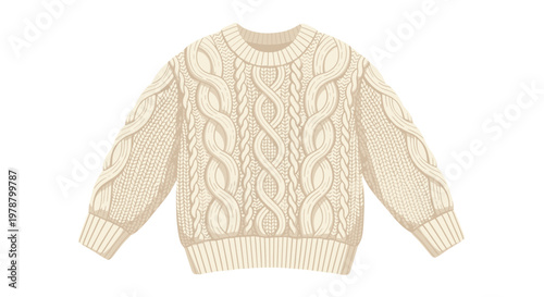 A meticulous cream cable knit sweater with intricate braided textures and ribbed cuffs rests peacefully against a bright pristine white minimalist background.