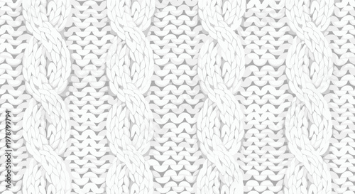 A soft and cozy white wool texture displays a traditional cable knit pattern with thick braided columns and delicate interlocking stitches throughout the fabric.
