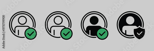 Verified account icons featuring human silhouettes with green check marks and shield symbols for secure login.