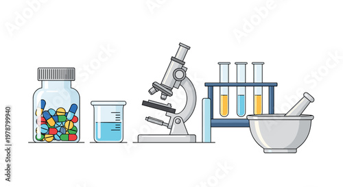 A meticulous arrangement of scientific laboratory equipment including a silver microscope and colorful pill bottle rests on a bright clean white surface.