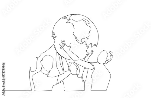 people friends volunteers hold planet word earth save protection one line art design