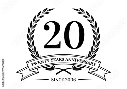 20 years anniversary laurel wreath logo or icon. Jubilee, birthday badge, label or emblem. 20th celebration design element. Vector illustration.