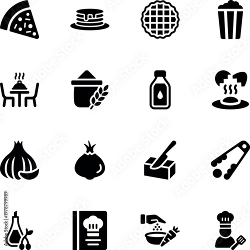 Food and cooking vector icon set, pizza, pancakes, pie, popcorn, milk, onion, butter, chef, cookbook