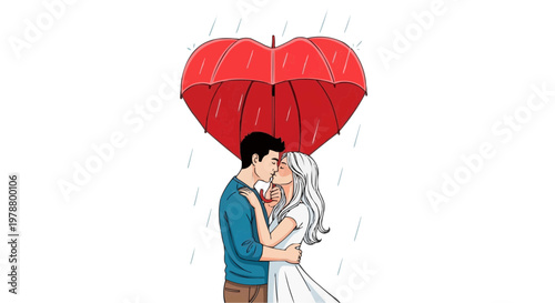 Illustration of a romantic couple embracing under a heart-shaped umbrella with raindrops