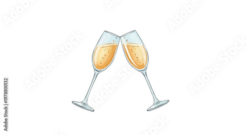 A minimalist illustration of two champagne glasses clinking together in celebration