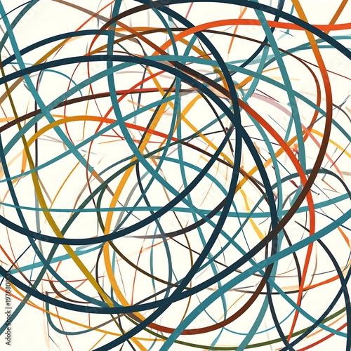 An abstract composition of overlapping, curved lines in varied colors against a light background, creating a dynamic visual effect