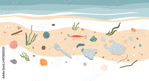 Various pieces of plastic trash and fishing gear are scattered among natural seashells and seaweed on a sandy beach shore under soft natural daylight.