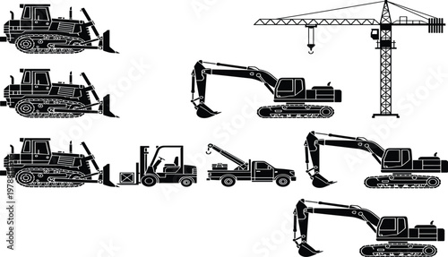 Detailed Black Silhouettes of Heavy Construction Machinery Including Tower Crane Excavators Bulldozers Forklift and Tow Truck Icons Set for Industrial Project Design and Building Logistics