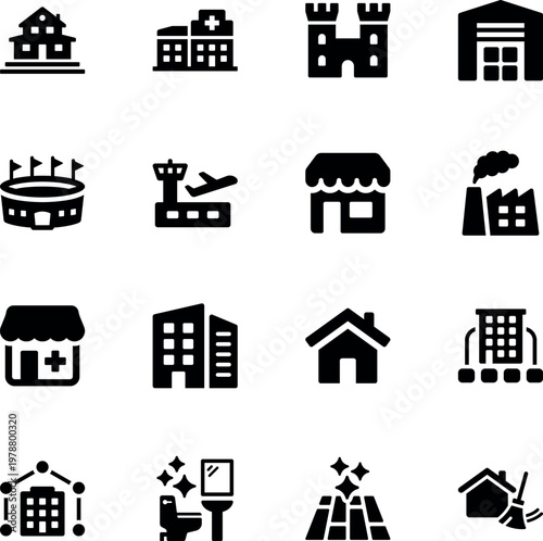 Buildings and places vector icon set, hospital, airport, house, factory, store, stadium, castle, office, warehouse, toilet