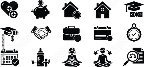 Business and personal finance icons including savings and career planning with business planning education investment