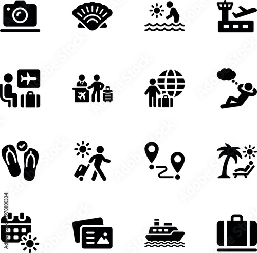 Travel tourism vacation holiday journey vector icon set, suitcase, airplane, beach, cruise ship, map, camera, flip-flops, check-in, passport, calendar