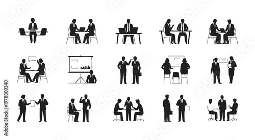 Business meeting silhouettes collection featuring professional people in office workspace scenarios