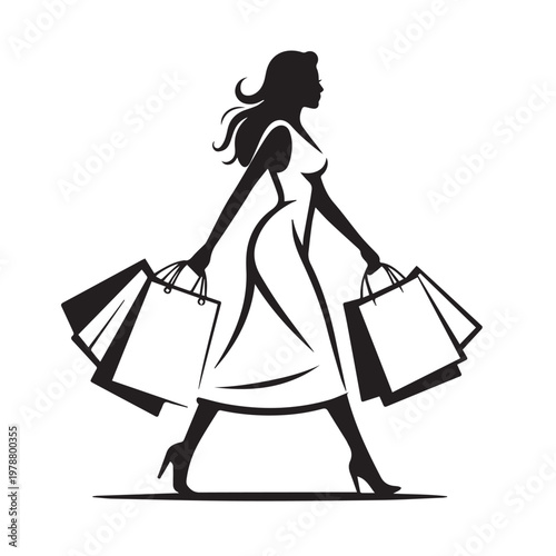 Stylish woman in dress walking with multiple shopping bags, representing fashion, retail, and consumer lifestyle.