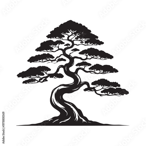 Elegant bonsai tree with intricate twisted trunk and broad foliage symbolizing nature's beauty and tranquility.