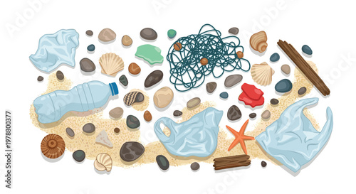 A collection of discarded plastic waste and natural marine elements like seashells and starfish lies scattered across a sandy surface against a white background.
