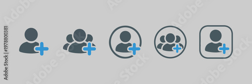 User icons with plus sign and group people icons adding new members with different shapes.