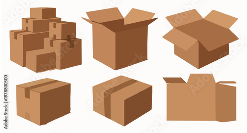 Realistic 3D Parcel Boxes Collection Brown Cardboard Packaging Set Isolated