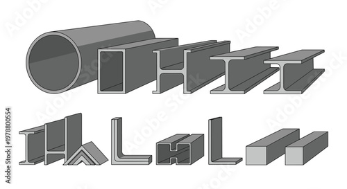 A comprehensive selection of industrial steel profiles including heavy I-beams and angled brackets is meticulously arranged in rows against a plain white background.