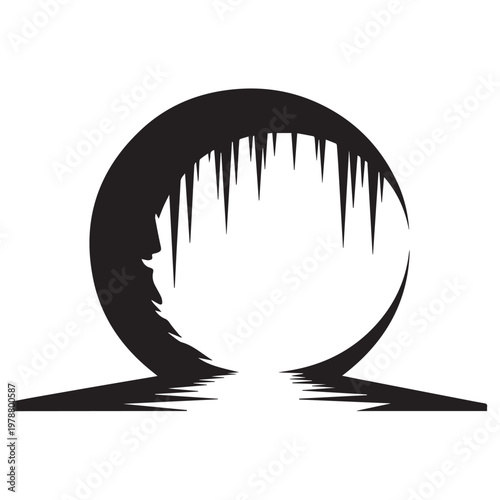 Abstract black and white circular landscape silhouette with icicle shapes and reflective horizon line for winter nature concept art.
