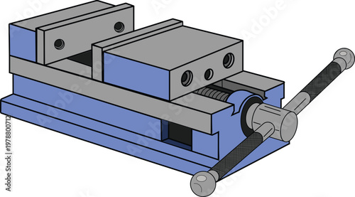 Isometric milling machine vise vector illustration, industrial workbench clamp for CNC machining and metalworking.