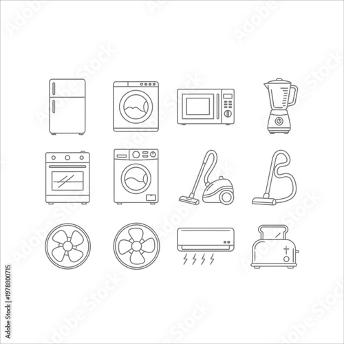 Line art illustration of various household appliances on a white background