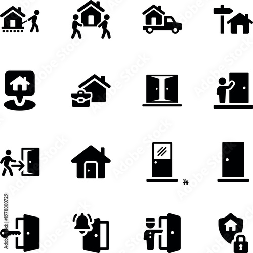 Real estate housing moving door icon set, house, door, key, lock, bell, truck, location