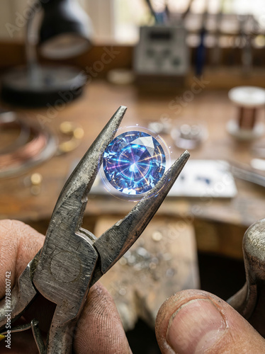 Jeweler Inspecting Gemstone with Glowing Energy Visualization