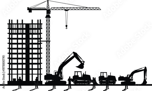 Construction Site Silhouette with Multi Story Building Frame Tower Crane Excavators and Workers for Industrial Development Urban Architecture Civil Engineering and City Infrastructure Projects