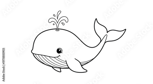 Happy little whale character with a big smile is swimming and spouting water from its blowhole in a simple and clean coloring page outline.