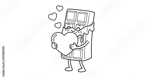 Loving chocolate bar character holding a big heart with melting chocolate dripping down its body in a delightful black and white coloring page.