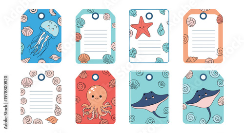Collection of cute ocean themed gift tags and labels featuring marine animals like jellyfish, octopus, starfish, and stingray with seashells.