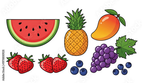 Cartoon fruits and berries vector illustration set with tropical summer fruits