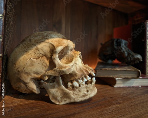 An old human skull replica rests on a wooden shelf, offering a glimpse into ancient anatomy and history.