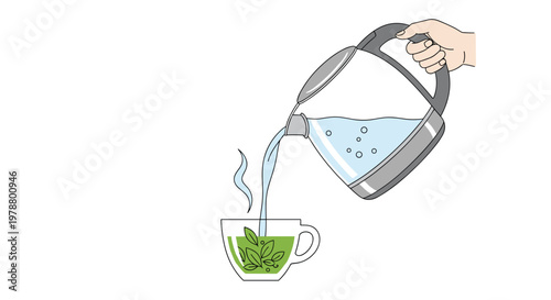 A human hand holds a sleek glass electric kettle while pouring a stream of hot water into a transparent cup filled with fresh green tea leaves against white.