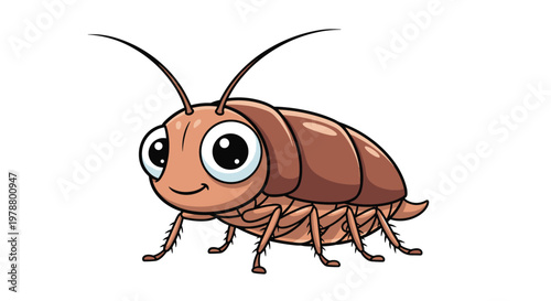 Friendly brown cockroach character with big expressive eyes and long antennas stands against a plain white background in this illustration.