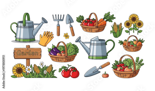 Garden and farm vector set with gardening tools and harvest cartoon illustrations