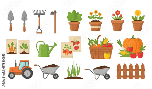 Cartoon garden and agriculture vector collection with tools and harvest items