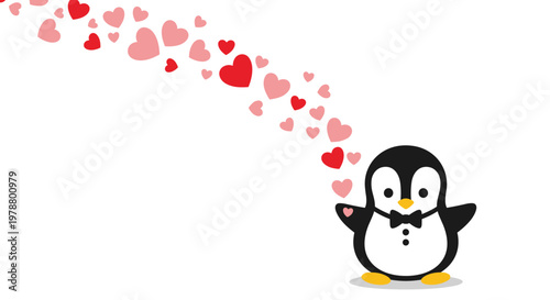 Adorable penguin character wearing a black bowtie with pink and red hearts flying from its outstretched wing for valentine day.
