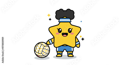 Cute yellow star character wearing a blue volleyball uniform and headband holding a ball on white background with sparkles.