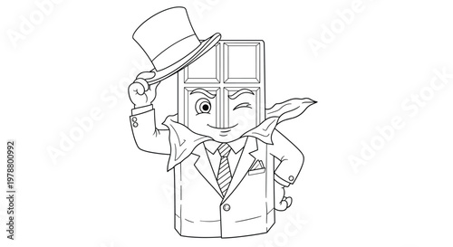 Cool chocolate bar character dressed in a formal suit and tipping his top hat isolated on white background for candy marketing.