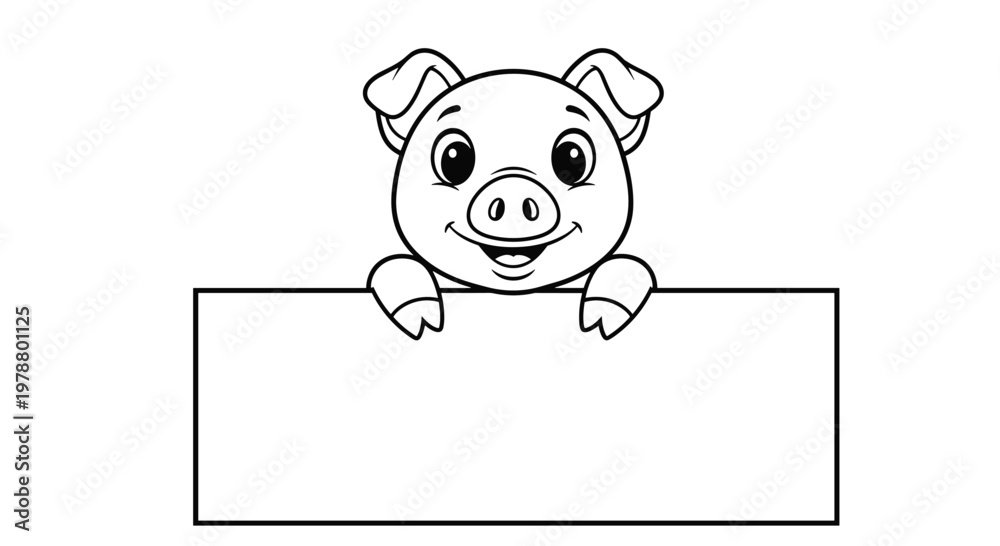 Fototapeta premium Happy pig character peeking over a blank white banner offers a fun and cheerful framing element for children's announcements and card designs.