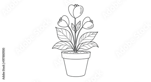 Flowering plant with heart shaped blooms in a simple pot serves as a delightful coloring page or illustration for botanical and love themes.