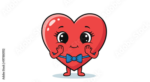 Red heart character with a blue bow tie and expressive eyes creates a lovable and cute mascot for romantic and valentines day design themes.